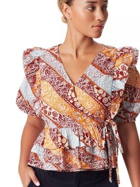 ***Sam Edelman RINA Boho Wrap Top in Fired Brick/ Heritage Stripe